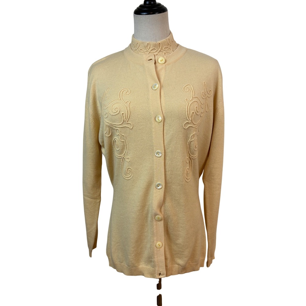 Vtg 60s 70s‎ N Peal Cashmere Sweater Set Yellow Embroidered Cardigan Shell Italy
